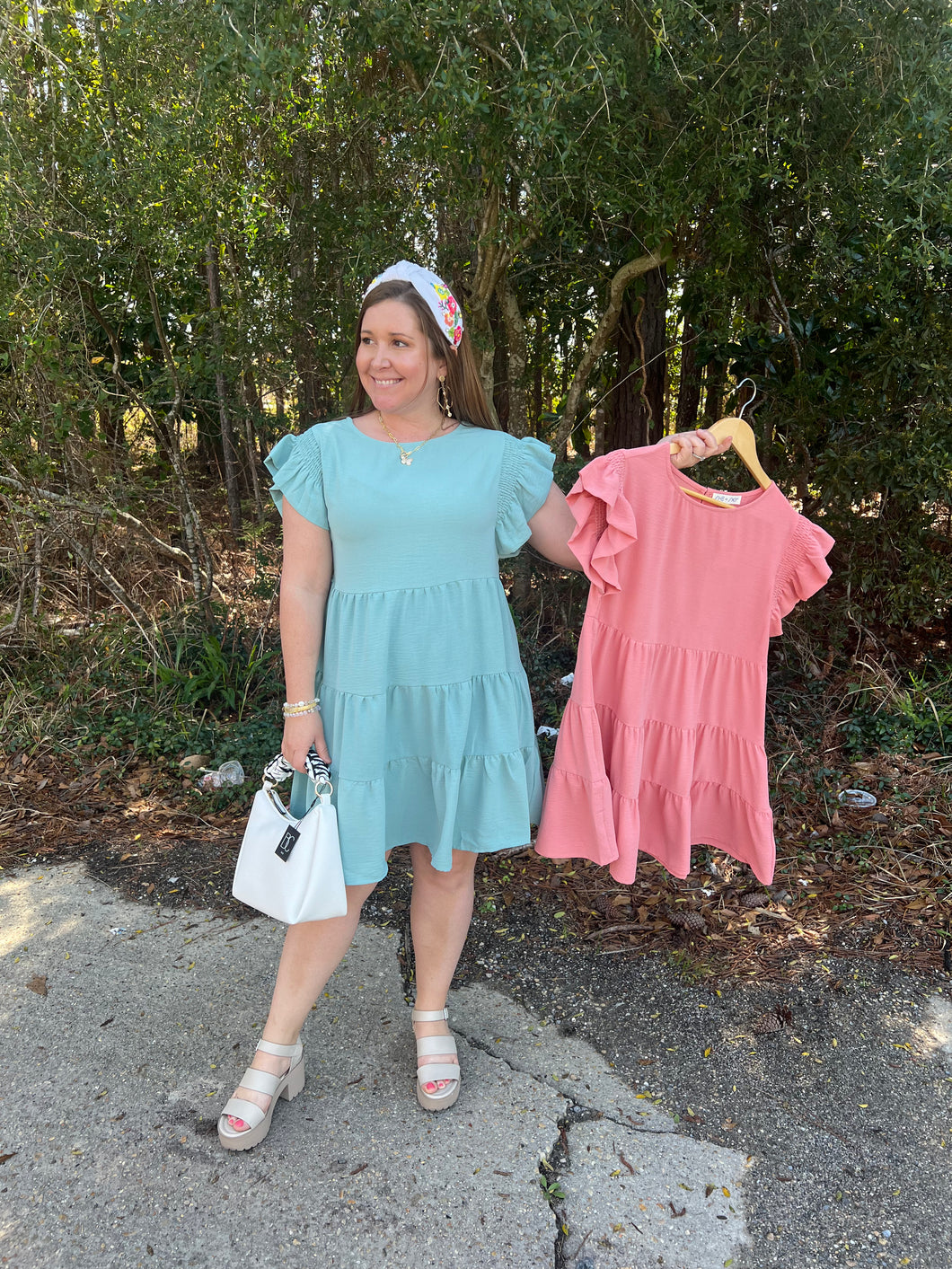 SY5936R Ruffled Smocked sleeve tiered woven dress