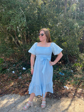 Load image into Gallery viewer, SY6330 Short Embroidered Balloon Sleeve Woven Midi Dress with Waist front tie