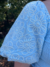 Load image into Gallery viewer, SY6330 Short Embroidered Balloon Sleeve Woven Midi Dress with Waist front tie