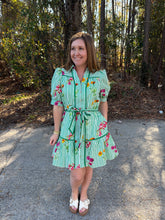 Load image into Gallery viewer, Floral stripe print short puff sleeve mini dress