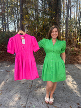 Load image into Gallery viewer, Solid short puff sleeve mini dress featuring split V-neck