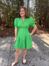 Load image into Gallery viewer, Solid short puff sleeve mini dress featuring split V-neck