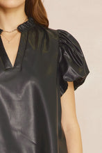 Load image into Gallery viewer, T21104 Faux leather short sleeve v-neck top featuring ruffle detail at neckline. Puff sleeves. Lined..