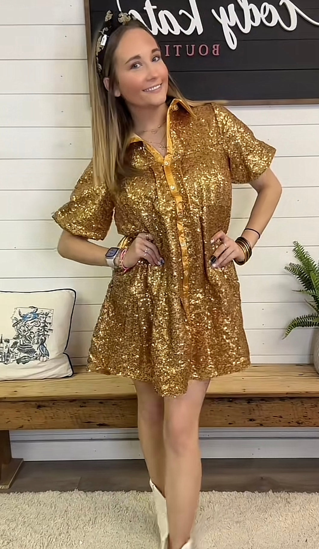 Gold Sequin Dress with Collar