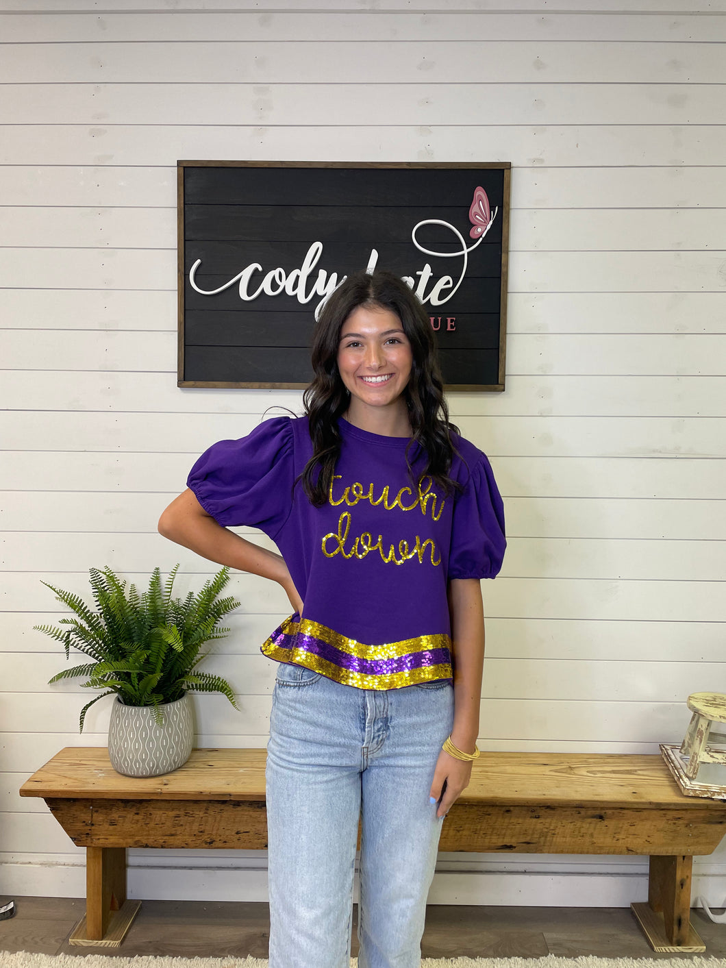 Touchdown Sequin Curved Hem Top