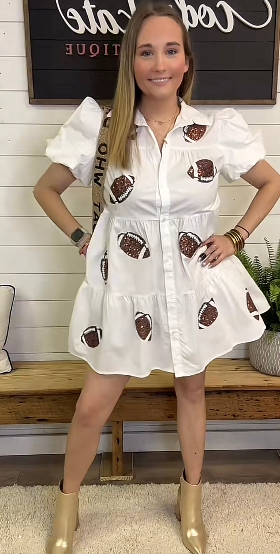 Poplin Button Down Shirt Dress with Sequin Footballs