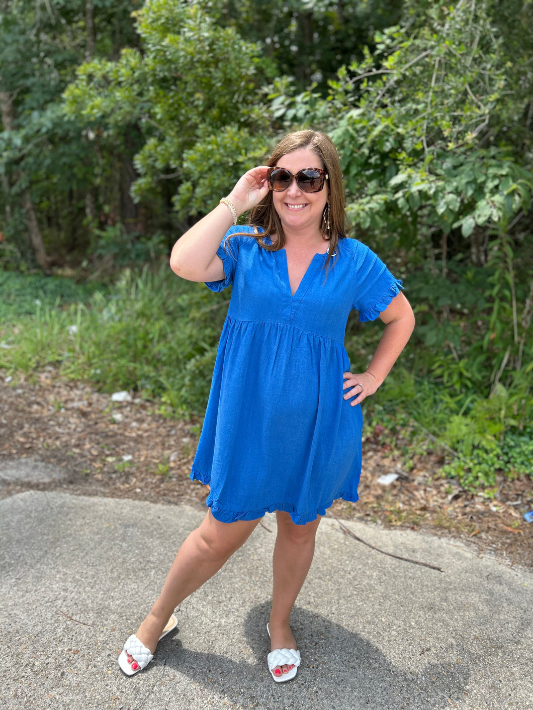 K6572 Linen Blend Pin Tuck Ruffle Sleeve Dress