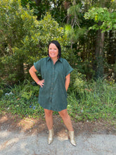 Load image into Gallery viewer, D21041 Solid corduroy button down short sleeve dress featuring pocket detail