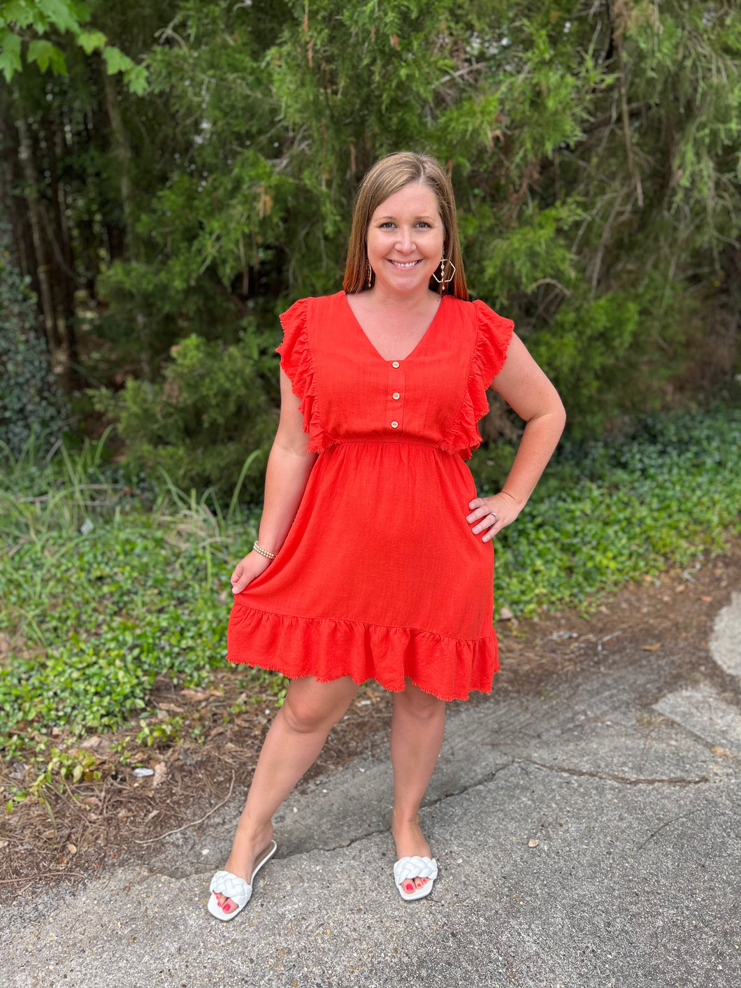 C3542 Linen Blend Round Neck Short Dress with Frayed Ruffle Detail and Buttons