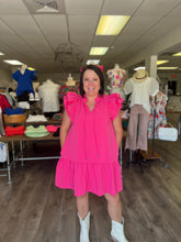 Load image into Gallery viewer, D18727 v neck ruffle sleeve tiered mini dress featuring self tie closure at neck
