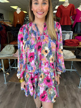 Load image into Gallery viewer, D21233 Floral print long sleeve tiered mini dress featuring smocking detail at front. Self tie at front. Pockets at side.