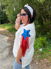 Load image into Gallery viewer, Oversized Short Sleeve Top w/ Star Sequins and Fringe