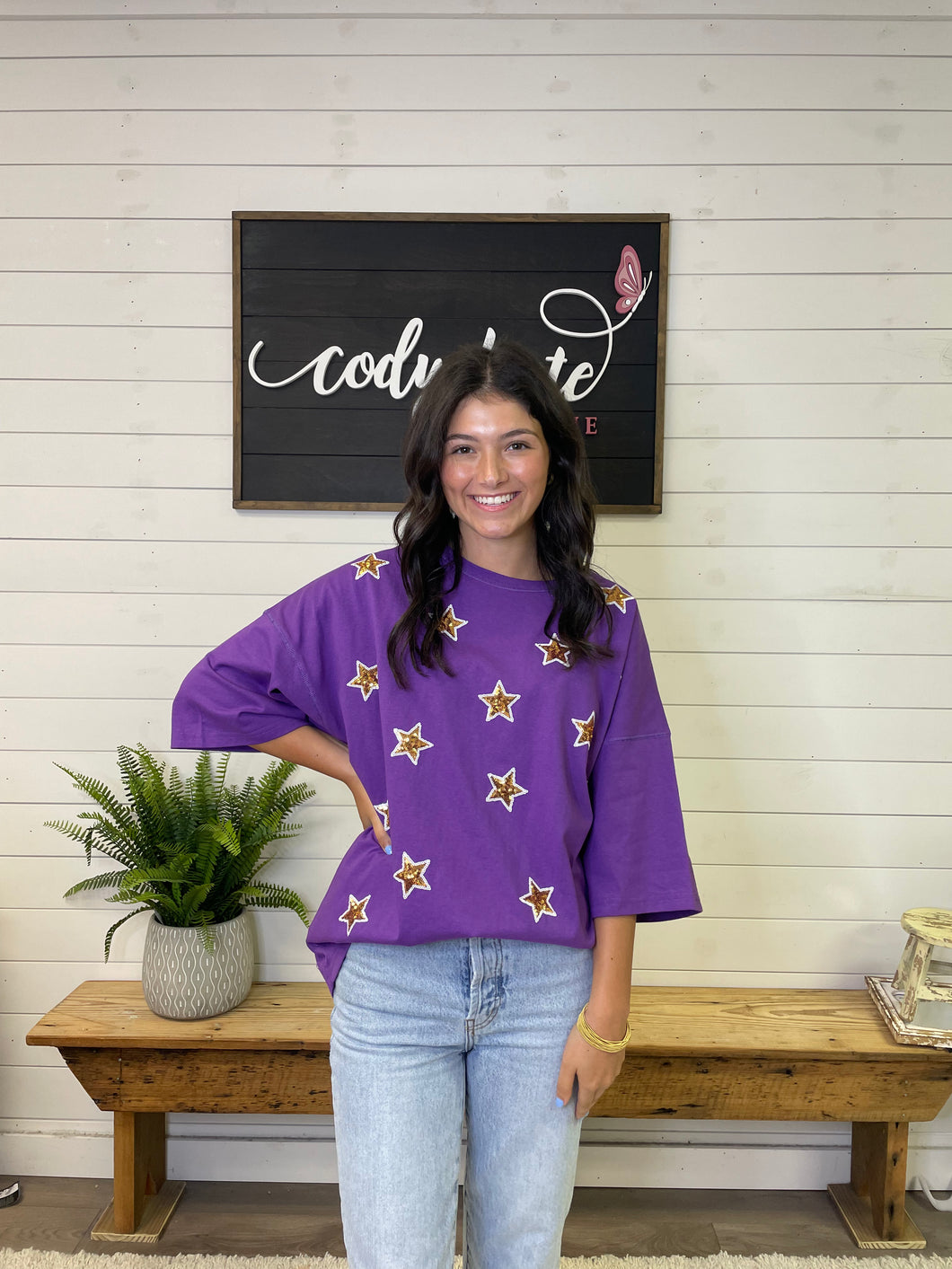 Purple/Gold Star Sequin Patch Top