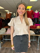 Load image into Gallery viewer, T21104 Faux leather short sleeve v-neck top featuring ruffle detail at neckline. Puff sleeves. Lined..