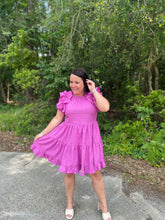 Load image into Gallery viewer, D20536 Textured Round Neck Dress featuring ruffle at the sleeves