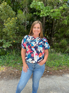 K7211 Satin Print Smocking Detail Top, Short Cuff Puff Sleeve & Back Button Keyhole