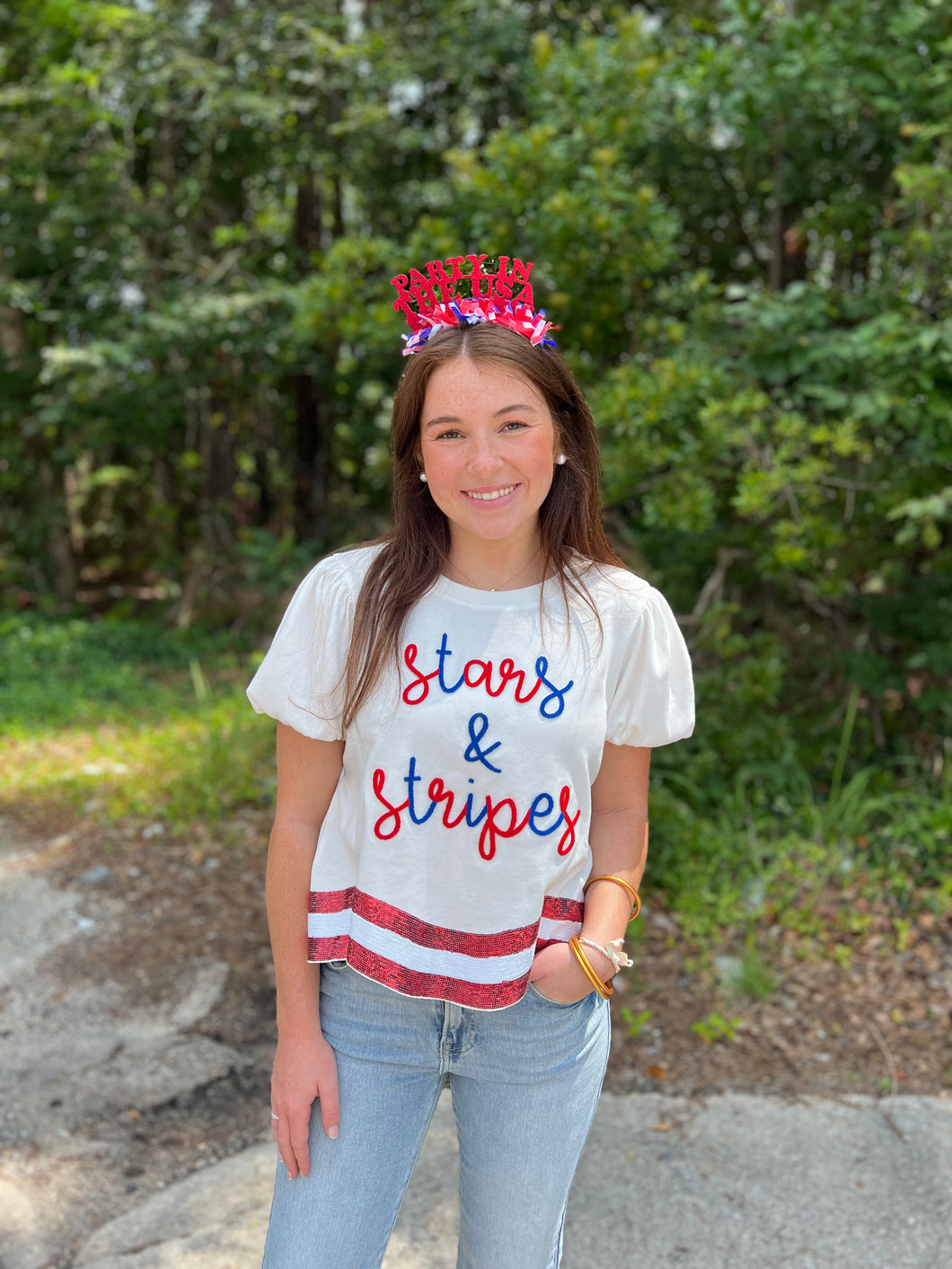 Stars and Stripes Top with Curve Sequin Hem