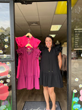 Load image into Gallery viewer, D18727 v neck ruffle sleeve tiered mini dress featuring self tie closure at neck