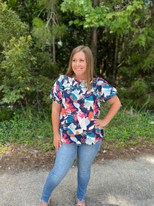 K7211 Satin Print Smocking Detail Top, Short Cuff Puff Sleeve & Back Button Keyhole