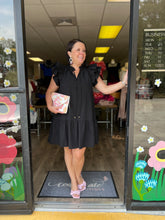 Load image into Gallery viewer, D18727 v neck ruffle sleeve tiered mini dress featuring self tie closure at neck