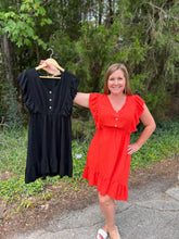 Load image into Gallery viewer, C3542 Linen Blend Round Neck Short Dress with Frayed Ruffle Detail and Buttons