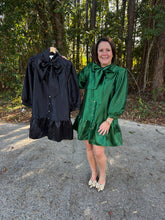 Load image into Gallery viewer, Metallic balloon sleeve mini dress with a self-tie bow at neck