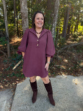 Load image into Gallery viewer, Solid ¾ balloon sleeve mini dress stand neck and button closure at front.