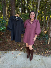Load image into Gallery viewer, Solid ¾ balloon sleeve mini dress stand neck and button closure at front.