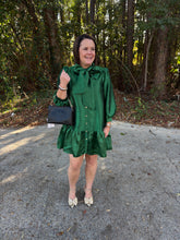 Load image into Gallery viewer, Metallic balloon sleeve mini dress with a self-tie bow at neck
