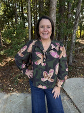 Load image into Gallery viewer, Print long puff sleeve top with a high neckline and button detail at front.