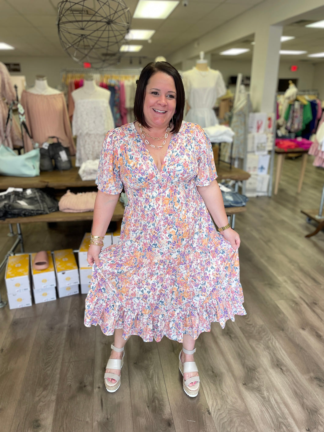 D18157 Floral print v-neck short sleeve midi dress