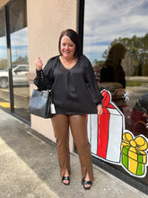 Load image into Gallery viewer, T18854 Satin v-neck long sleeve top featuring pleated detail along neckline