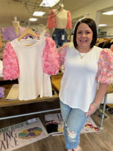 Load image into Gallery viewer, T19546 Ribbed top featuring 3D floral detail sleeves