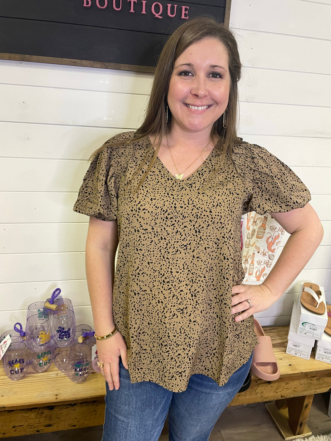 Cheetah Short Bubble Sleeve Top