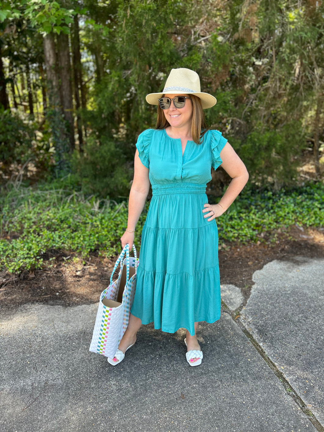 K6600 Flutter Sleeved Midi Dress with Smocked Waistband