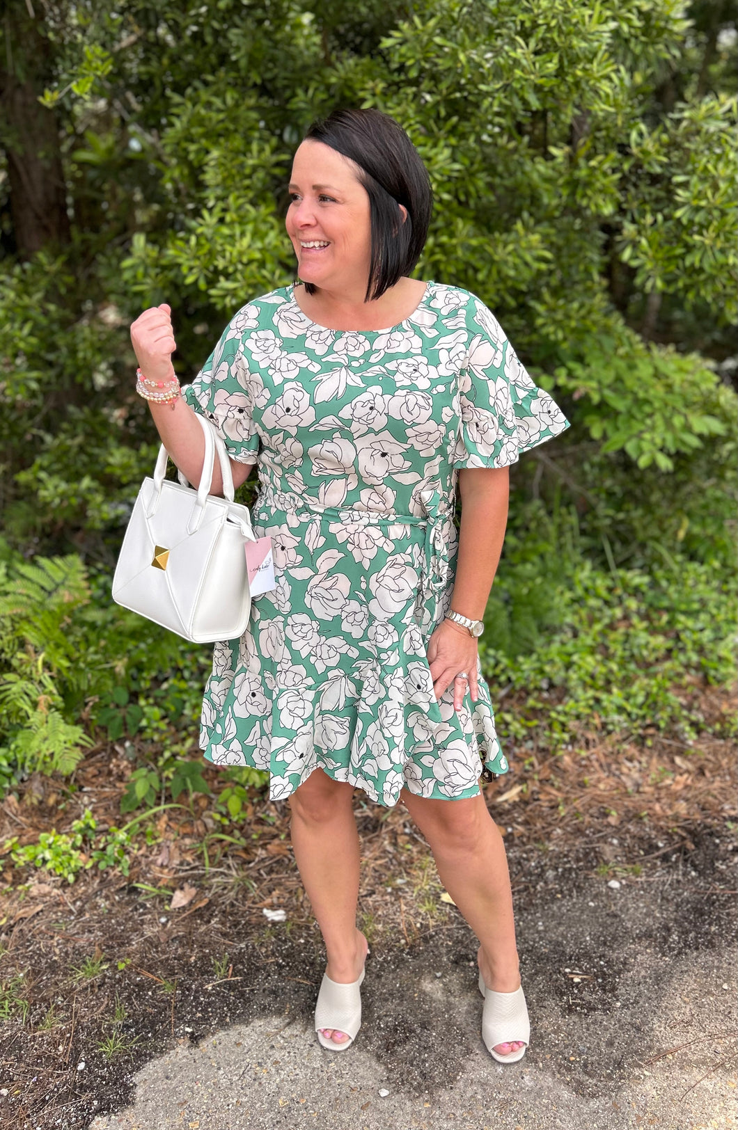 C3541 Boat Neck Ruffle Sleeve Elastic Waist Dress with Belt