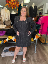 Load image into Gallery viewer, D18811 Tweed square neck wide strap mini dress featuring adjustable buttonhole straps