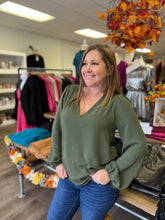 Load image into Gallery viewer, ST3071 Front Pleat long sleeve solid woven v neck casual top