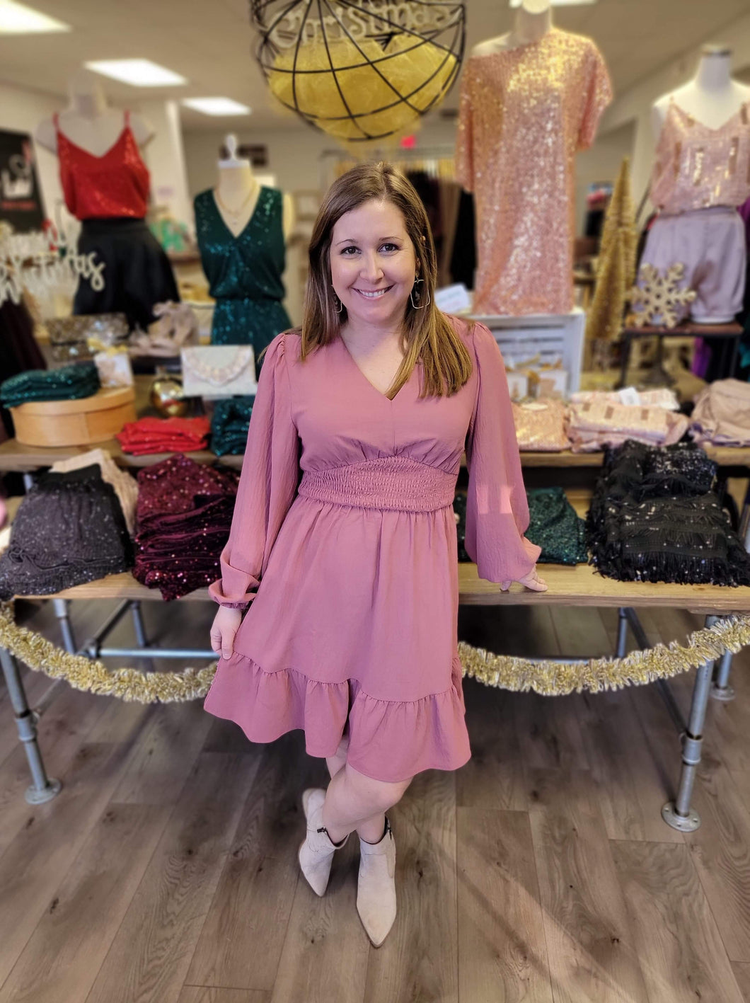 H42865 Crinkle Woven Smocking Detail Mini Dress