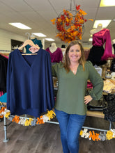 Load image into Gallery viewer, ST3071 Front Pleat long sleeve solid woven v neck casual top