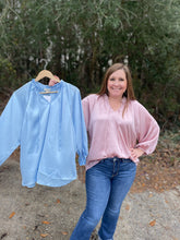 Load image into Gallery viewer, TK7468 v neck long sleeve satin top with an optional front tie