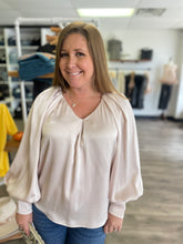 Load image into Gallery viewer, T18854 Satin v-neck long sleeve top featuring pleated detail along neckline