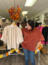 Load image into Gallery viewer, T19309 Satin High neck bubble sleeve top featuring tie in back