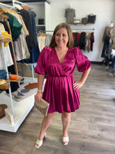 Load image into Gallery viewer, D19287 Satin v neck puff sleeve mini dress featuring bubble hem