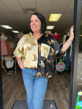 Load image into Gallery viewer, T20111 Satin Cheetah Print button up top featuring color block
