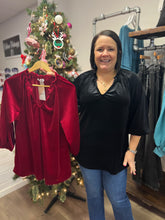 Load image into Gallery viewer, T12539-1 Velvet shirring ruffled split neck 3/4 sleeve top