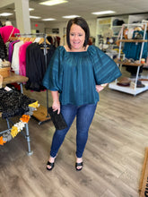 Load image into Gallery viewer, T19536 Stripe satin square neck puff sleeve top featuring smocking along neckline.
