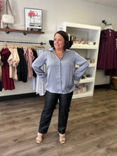 Load image into Gallery viewer, T18824 Satin button up v-neck top featuring feather trim at sleeves