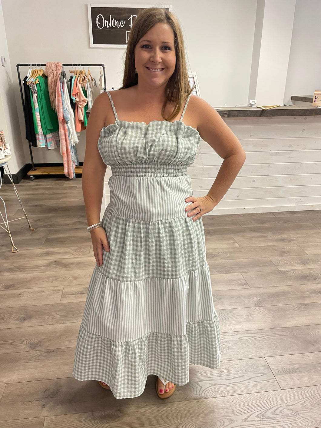 D18492 Multi Print square neck sage maxi dress