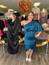 Load image into Gallery viewer, D10251 One shoulder satin dress with pleated bodice and flutter sleeves